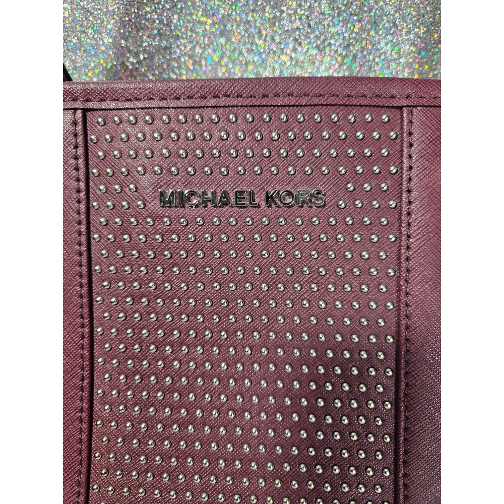 MICHAEL KORS Jet Set Travel Plum Saffiano Leather MicroStud Tote Bag Burgundy - Picture 2 of 7